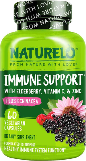 NATURELO Immune Support - Vitamin C, Elderberry, Zinc, Echinacea - Natural Immunity Boost w/Antioxidant, Herbal & Mineral Defense - 60 Vegan Capsules