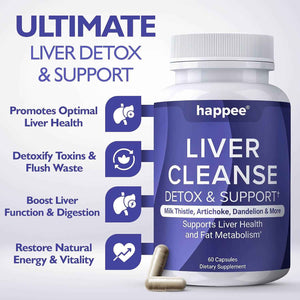 Happee Liver Cleanse Detox & Repair Supplement with Milk Thistle Extract - Flush Toxins & Renew Health - Vegan, Made in USA, 60 Capsules
