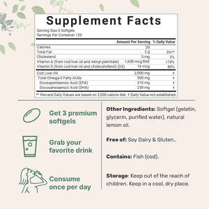 Cod Liver Oil 2,000mg Per Serving, 360 Softgels - Burpless Lemon Flavored - Rich in Omega 3, Vitamins A & D3, EPA, DHA - Wild Caught Arctic Deep Sea Fish - Heart, Brain, & Immune Supplement