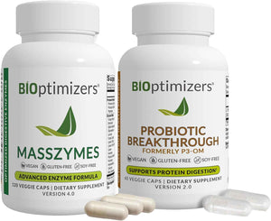 BIOptimizers MassZymes Digestive Enzymes - Probiotic Breakthrough Bundle - Gut Health & Bloating Relief - Prebiotic & Enzyme Support for Digestion, Energy, Health & Recovery - 180 Vegan Capsules