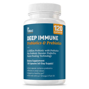 Dr. Tobias Deep Immune Probiotic + Prebiotic 60 Capsules - Gut Health - Dual Action Gut & Immune Support - DE111 Spore Forming Probiotics + PreforPro - Targeted Release - Shelf Stable - 30 Servings