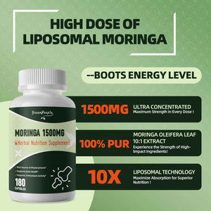 GREENPEOPLE Whole-Leaf Moringa Capsules 1500mg - High Potency 10:1 Moringa Oleifera Leaf Extract - Natural Green Superfood for Energy & Immune Support