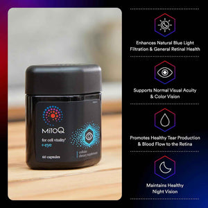 MitoQ +Eye - Eye Health Supplement with Lutein & Zeaxanthin (5:1 Ratio), Bilberry, Maritime Pine Bark, Zinc, Mitoquinol - Supports Macular Health, Visual Clarity & Blue Light Defense