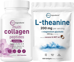 Micro Ingredients 8-in-1 Multi Collagen Capsules & L-Theanine 200mg with Magnesium Glycinate Softgels - Grass-Fed Collagen Peptides - Amino Acid & Mineral Complex Bundle 2 Pack