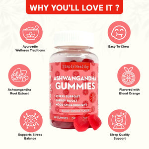 Simply Healthy Premium Ashwagandha Gummies, Stress Support with Blood Orange Flavor, Vegan, Easy to Chew, Daily Aid, Energy Booster, Mood Enhancer, for Both Men and Women, 60 Gummies Simply Healthy buy supplements Au