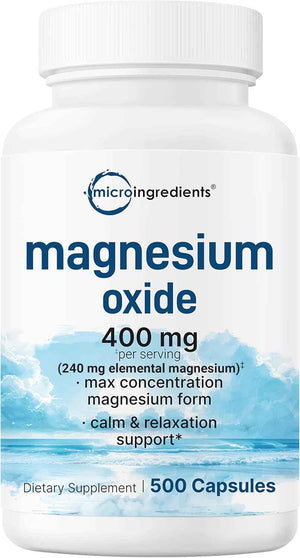 Magnesium Oxide 400mg, 500 Capsules - Elemental Form for Max Concentration - Supports Calm, Muscle & Nerve Health - Non-GMO