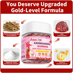 Ascool Ashwagandha Gummies for Stress Relief & Clam with Magnesium + Vitamin D - 90 Count Sugar-Free, Vegan Ashwa Supplements