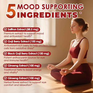Migcopat Happy Saffron Supplement 2 Pack, 5 in 1 Saffron Capsules with Ginseng, Goji Berry & Chrysanthemum - Supports Memory, Focus, Mood, Energy, Emotional Balance & Eye Health