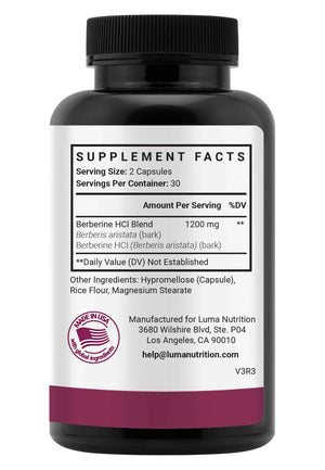 Luma Nutrition Pure Berberine Supplement - Berberina 1200mg - 60 Capsules
