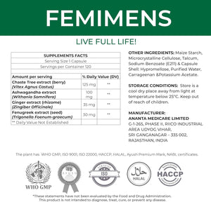 FEMIMENS – PMS Support Supplement for Women – PMS Relief for Women & Menstrual Cramp Relief – Hormonal Balance for Women – Chasteberry Vitex, Ashwagandha, Ginger, Fenugreek – 120 Vegan Capsules Ananta Medicare USABuy Supplements Australia