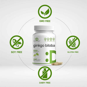 DEAL SUPPLEMENT Ginkgo Biloba 500mg Per Serving, 240 Capsules, 4 Month Supply - Grown in Northern Asia - Extra Strength, Promotes Brain Function
