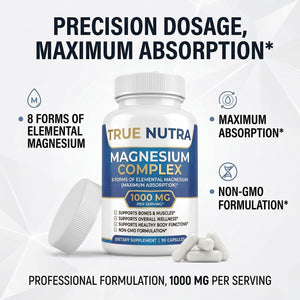 True nutra Magnesium Complex,Advanced 8-in-1 Magnesium Blend,Glycinate, Citrate, Malate, Taurate etc,High Formula,90 Capsules true nutra buy supplements Au