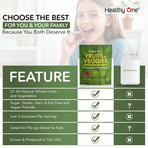 Fruits & Veggies Sugar-Free Gummies - 27 Whole Foods - Equals 3 Servings of Fruits & Vegetables - Improve Energy, Focus & Immune Function - Fiber - Antioxidants - Organic Ingredients - 14 Packets Healthy One buy supplements Au