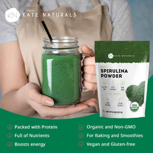 Kate Naturals Organic Spirulina Powder for Immune Support and Antioxidants. Nutrient Dense Superfood Supplement