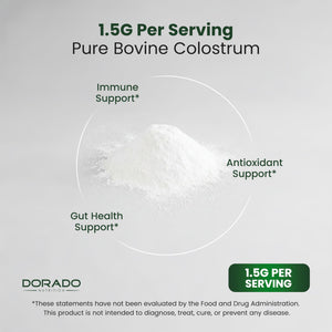 Colostrum Supplement Powder 90g (60 Servings of 1.5g Pure Bovine Colostrum Std. to Contain 20% IgG Immunoglobulins) Grass Fed Powder - No Fillers, Third Party Tested, Unflavored & Non-GMO DORADO NUTRITIONBuy Supplements Australia
