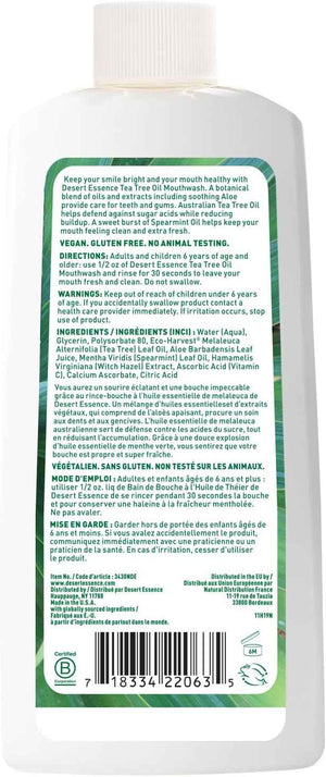Desert Essence Alcohol-Free Mouthwash with Tea Tree Oil and Aloe, Sugar-Free, Oral Rinse to Provide Botanical Care for Teeth & Gums, Vegan, Non-GMO, SLS-Free, Gluten-Free, Spearmint Flavor, 8oz