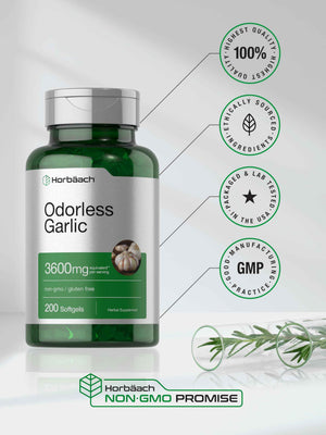 Horbäach Odorless Garlic Softgel Supplement - 200 Count - Ultra Potent Concentrated Herbal Extract - Non-GMO & Gluten Free