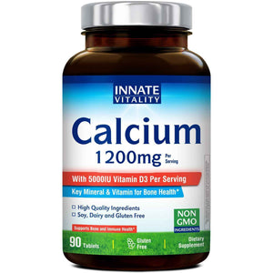 Innate Vitality Calcium 1200 mg with Vitamin D3, 5000IU Vitamin D3, Absorbable Calcium Supplement, Non GMO, No Gluten, for Bone, Immunity, 90 Tablets