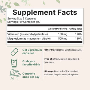 Pure Magnesium Citrate Supplements 500mg, 300 Capsules - Fat-Soluble Vitamin C Added - 100% Chelated - Only Active Ingredients