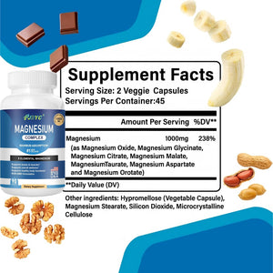 Magnesium Complex Supplement - 1000mg with 8 Magnesium Forms: Glycinate, Citrate, Malate, Taurate & Orotate - Supports Muscle Function, Bone Strength & Relaxation - Vegan, Non-GMO - 180 Capsules PJRYC buy supplements Au
