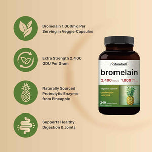 NatureBell Bromelain, 1,000mg Per Serving, 240 Veggie Capsules - 2,400 GDU - Digestive Enzymes & Joint Support Supplement - Proteolytic Enzymes for Digestion, Fresh Pineapple Source - Non-GMO