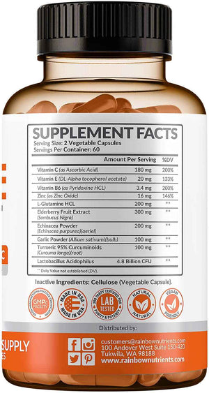 10 in 1 Immune Support Supplement (No Fillers) - Vitamin C, Zinc, Elderberry, Echinacea, Turmeric, Probiotics - Immunity Booster for Multi-System Immune Defense