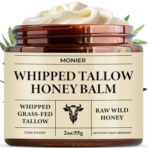 MONIER Whipped Beef Tallow for Skin, Tallow and Honey Balm for Face - Moisturizer With 100% Organic Grass-Fed Beef Tallow & Raw Wild Honey, Packaging May Vary, Dry & Sensitive Skin (Unscented)