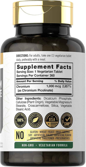 Carlyle Chromium Picolinate Supplement - 1000mcg - 360 Tablets - Vegetarian, Non-GMO, Gluten Free Formula