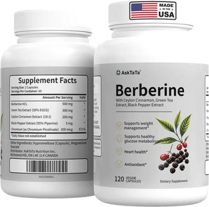 Berberine Complex Supplement with Ceylon Cinnamon,L-Carnitine,Green Tea Extract,Chromium & Black Pepper Extract,Natural Herbal Complex,120 Capsules