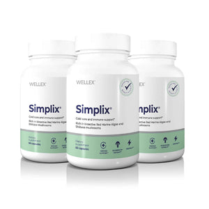 Three bottles of Simplix supplements from Wellex on a white background