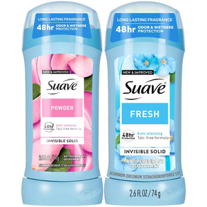Suave Antiperspirant Deodorant for Women, Fresh & Powder Variety 2-Pack - Anti-Staining Invisible Solid Sticks, Talc-Free, 2.6 Oz Ea