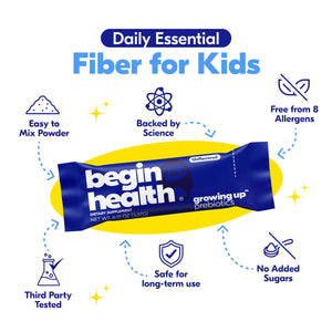 Begin Health Growing Up Prebiotics for Kids 28-Packs - Prebiotic Soluble Powder Stool Softeners and Digestive Gut Health Supplement - Ideal to Mix with Kids Daily