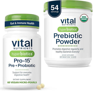 Hyperbiotics Vital Nutrients Gut Support Bundle - Pro-15 Prebiotics + Probiotics (60 Time Release Pearls) & Organic Prebiotic Fiber Powder (54 Servings) for Gut, Digestive, & Immune Health Support