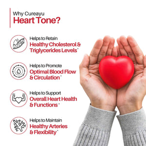 Cureayu Heart Tone Capsules - Natural Heart Health Supplement - Supports Healthy Cholesterol & Triglycerides Levels - with Arjuna, Pushkarmool + 8 Other Herbs - 90 Capsules
