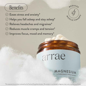 Arrae Magnesium Supplement, Magnesium Glycinate, Citrate & L-threonate, 250 mg, Support Mood, Sleep, Nerves, and Muscles,90 Capsules ArraeBuy Supplements Australia