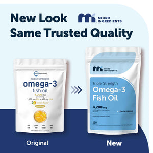 Micro Ingredients Triple Strength Omega-3 Fish Oil 4,200 mg Per Serving - EPA 1200mg + DHA 900mg Per Serving, Wild Caught Fish Source, Lemon-Flavored, 240 Softgels, Burpless, No Fishy Aftertaste.