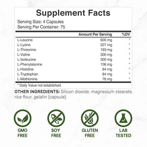 Essential Amino Acids (EAA) 2000mg Per Serving, 300 Capsules - Unflavored - 9 in 1, All BCAAs (Branched-Chain Aminos) - Lean Muscle Support & Natural Pre Workout Supplement