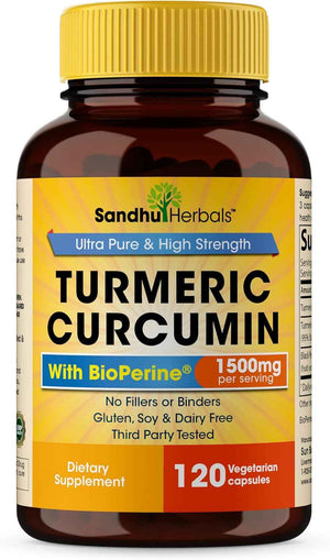 Organic Turmeric Curcumin 120 Capsules with Bioperine Black Pepper Extract Supplement - 1500mg with 95% Curcuminoids - Immune Support