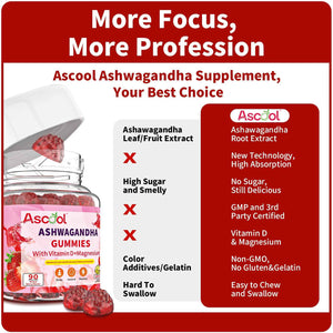 Ascool Ashwagandha Gummies for Stress Relief & Clam with Magnesium + Vitamin D - 90 Count Sugar-Free, Vegan Ashwa Supplements