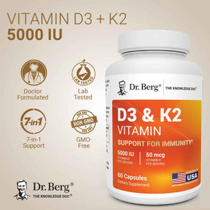 Dr. Berg Maximum Strength 7-in-1 Vitamin D3 K2 5000 IU - Naturally Derived D3 - 4X Lab-Tested & Verified - High Absorption Formula - K2 D3 Vitamin Supplement - 60 Capsules
