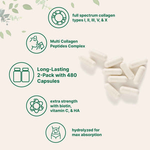 Micro Ingredients 2 Pack Multi Collagen Pills for Women & Men, 480 Capsules | Type I, II, III, V, X | Hydrolyzed Protein Peptides with Biotin,