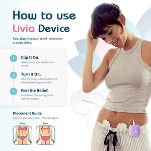 Livia Menstrual Pain Relief Device, Lavender - Off-Switch for Period Pain - Portable & Discreet - Rechargeable, Up to 8 Hours Battery - Complete Kit with Stick-On Pads - The Go-to Travel Partner