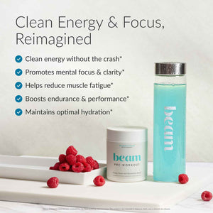 BEAM Pre Workout Powder - Pre Workout Supplement with Organic Caffeine, 350 mg Electrolytes & Nootropic Focus Support, No Sugar, Pre Workout for Women & Men, Blue Raspberry Flavor, 20 Servings