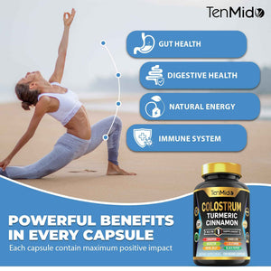 Tenmido Colostrum Supplement - 8in1 Formula - Combine with Turmeric, Ceylon Cinnamon, Quercetin, Royal Jelly, Dandelion, L- Glutamine, and Black Pepper - Digestive Health Support - 120 Capsules