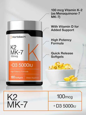 Horbäach Vitamin D3 K2 5000 iu - 100mcg MK-7 Complex - 180 Softgel Capsules - Non-GMO & Gluten Free Supplement