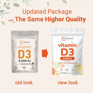 Micro Ingredients Vitamin D3 5,000 IU, 500 Softgels - Virgin Coconut Oil - Cholecalciferol Form - Bone, Immune & Heart Support - Easy to Swallow, Non-GMO