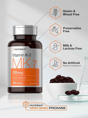 Horbäach Vitamin K2 MK7 100mcg - 250 Softgels - Non-GMO, Gluten Free Supplement