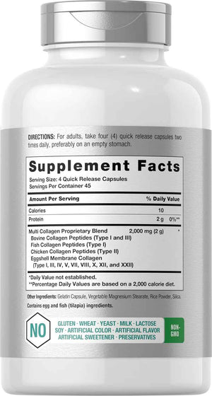 Horbäach Multi Collagen Protein 2000 mg - 180 Capsules - Type I, II, III, V, X - Keto & Paleo Friendly - Non-GMO, Gluten Free Supplement