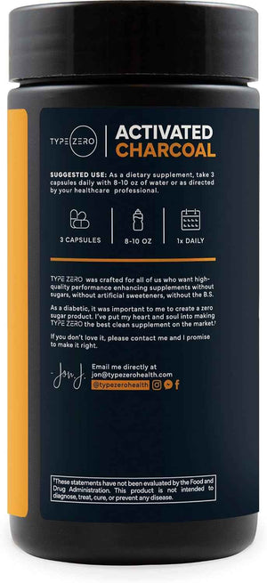 Type Zero Activated Charcoal (780mg) 180 Capsules, 60 Servings, Gluten-Free - From Coconut Shell, GMO-Free