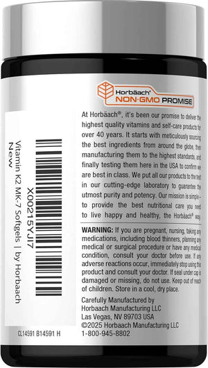 Horbäach Vitamin D3 K2 5000 iu - 100mcg MK-7 Complex - 180 Softgel Capsules - Non-GMO & Gluten Free Supplement